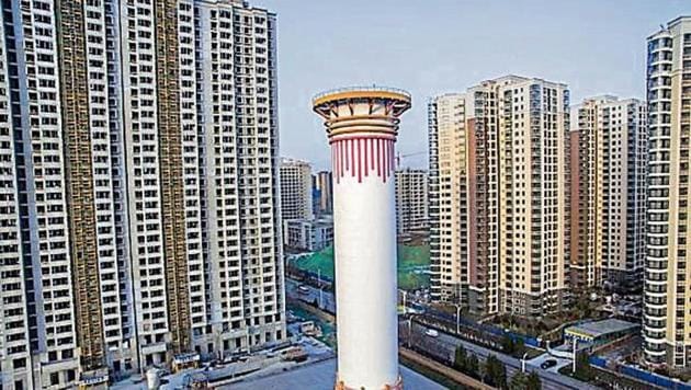 Aerial view of an air purifier tower designed to combat smog and other air pollution on October 17, 2018 in Xi’an, Shaanxi Province of China.(Photo by Visual China Group via Getty Images/Visual China Group via Getty Images) Aerial view of an air purifier tower designed to combat smog and other air pollution on October 17, 2018 in Xi’an, Shaanxi Province of China.(Photo by Visual China Group via Getty Images/Visual China Group via Getty Images)