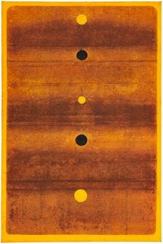 A 1974 Untitled VS Gaitonde painting procured from the private collection of actor and society doyenne Sabira Merchant, will be headlining the sale. The work comes from a time when India was at the cusp of entering the atomic and space age, and features five orbs suspended in space like planets. (Sotheby’s India) A 1974 Untitled VS Gaitonde painting procured from the private collection of actor and society doyenne Sabira Merchant, will be headlining the sale. The work comes from a time when India was at the cusp of entering the atomic and space age, and features five orbs suspended in space like planets. (Sotheby’s India)