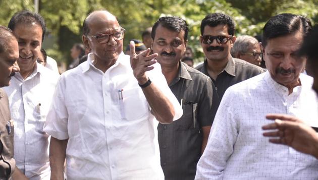 NCP chief Sharad Pawar along with other party leaders outside Vidhan Bhavan, Nariman Point in Mumbai, on Wednesday, November 13, 2019. (Kunal Patil/HT Photo) NCP chief Sharad Pawar along with other party leaders outside Vidhan Bhavan, Nariman Point in Mumbai, on Wednesday, November 13, 2019. (Kunal Patil/HT Photo)