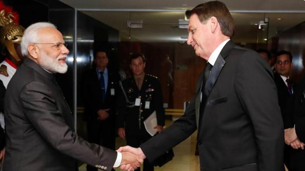 Brazilian President Jair Bolsonaro (R) shakes hand with Prime Minister Narendra Modi, before a bilateral meeting during the BRICS summit in Brasilia, Brazil November 13, 2019.(via REUTERS) Brazilian President Jair Bolsonaro (R) shakes hand with Prime Minister Narendra Modi, before a bilateral meeting during the BRICS summit in Brasilia, Brazil November 13, 2019.(via REUTERS)