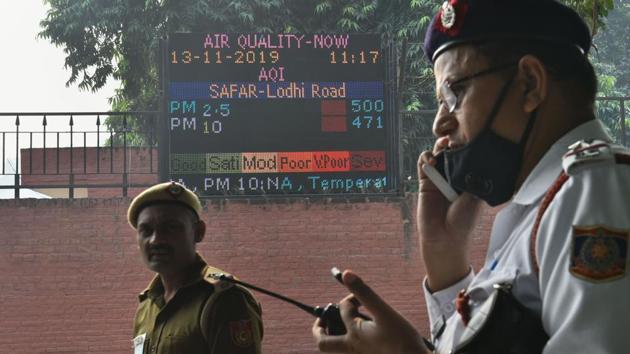 A digital board displays Air Quality Index on the compound wall of a weather observatory, at Lodhi Road in New Delhi on November 13. A western disturbance as a cyclonic circulation over Afghanistan and neighbouring areas is likely to affect the northern hills. An induced cyclonic circulation over southwest Rajasthan is also persisting. “Under its influence, scattered to fairly widespread rain or snow is likely over western Himalayan region during November 14 to 16,” IMD said in its morning bulletin. (Arun Sharma / PTI) A digital board displays Air Quality Index on the compound wall of a weather observatory, at Lodhi Road in New Delhi on November 13. A western disturbance as a cyclonic circulation over Afghanistan and neighbouring areas is likely to affect the northern hills. An induced cyclonic circulation over southwest Rajasthan is also persisting. “Under its influence, scattered to fairly widespread rain or snow is likely over western Himalayan region during November 14 to 16,” IMD said in its morning bulletin. (Arun Sharma / PTI)