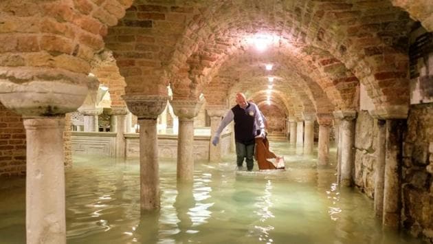 The flooded crypt of St Mark's Basilica seen on November 13. The government in Rome was expected to declare a state of emergency at a cabinet meeting on Thursday after Prime Minister Giuseppe Conte described the flooding as “a blow to the heart of our country”. (Manuel Silvestri / REUTERS) The flooded crypt of St Mark's Basilica seen on November 13. The government in Rome was expected to declare a state of emergency at a cabinet meeting on Thursday after Prime Minister Giuseppe Conte described the flooding as “a blow to the heart of our country”. (Manuel Silvestri / REUTERS)