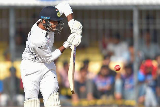 Indian batsman Mayank Aggarwal plays a shot on the first day of the first cricket test match. (PTI)