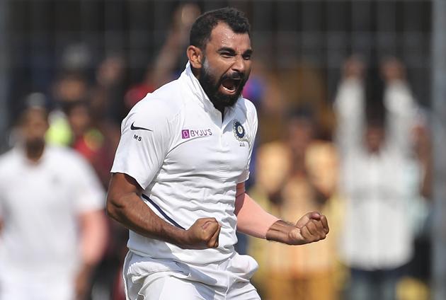 India's Mohammed Shami celebrates after taking a wicket. (AP)