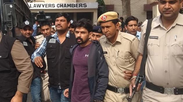 Gangster Lawrence Bishnoi being produced in a Panchkula court on Wednesday.