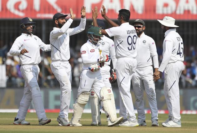 India's Ravichandran Ashwin, third right, celebrates with teammates the dismissal of Bangladesh's captain Mominul Haque. (AP)