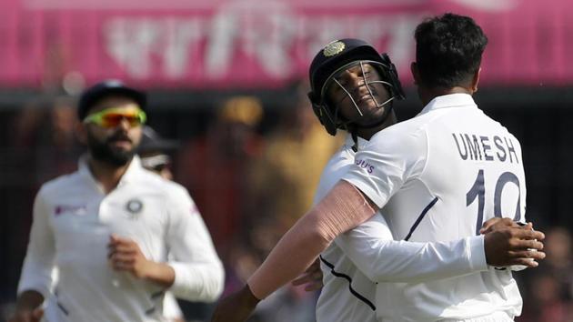 India's Umesh Yadav, second right, celebrates with teammate the dismissal of Bangladesh's Imrul Kayes. (AP) India's Umesh Yadav, second right, celebrates with teammate the dismissal of Bangladesh's Imrul Kayes. (AP)