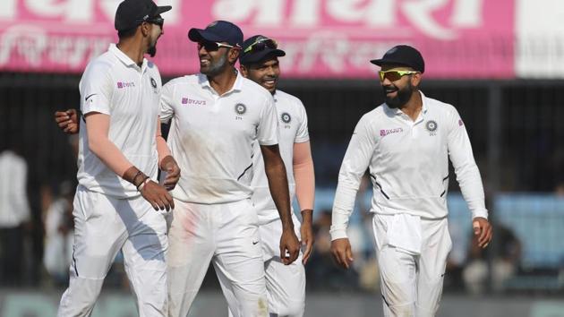 India's captain Virat Kohli, right, celebrates with teammates.(AP) India's captain Virat Kohli, right, celebrates with teammates.(AP)