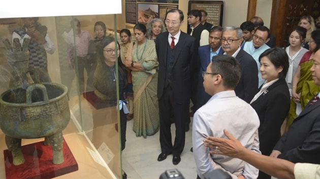 Chinese ambassador Sun Weidong and Raghvendra Singh, Chief Executive Officer at the Development of Museums and Cultural Spaces at the exhibition in New Delhi.(CREDIT: NATIONAL MUSEUM.)