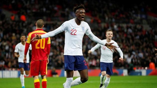 England's Tammy Abraham celebrates scoring his first international goal.(Action Images via Reuters)