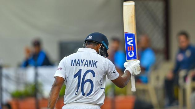 Indian batsman Mayank Agarwal leaves after his dismissal.(PTI)