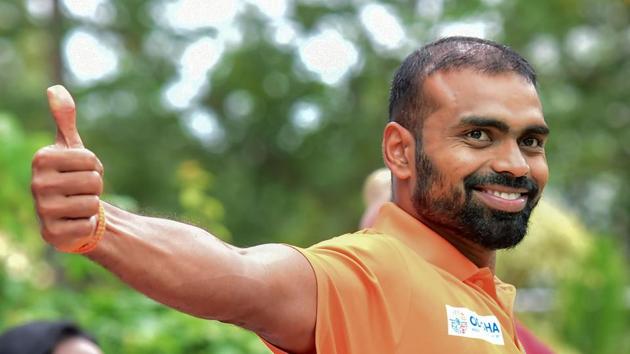 Indian men's hockey team goalkeeper PR Sreejesh during a media interaction at Sports Authority of India.(PTI)