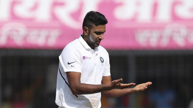 India's Ravichandran Ashwin looks at his hands after bowling a delivery during the first day of first cricket test match between India and Bangladesh in Indore, India, Thursday, Nov. 14, 2019. (AP) India's Ravichandran Ashwin looks at his hands after bowling a delivery during the first day of first cricket test match between India and Bangladesh in Indore, India, Thursday, Nov. 14, 2019. (AP)