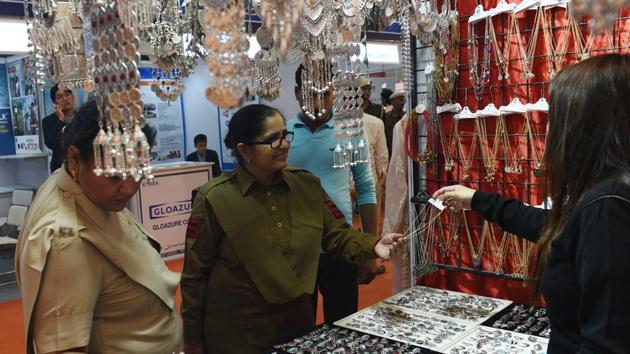 Delhi policewoman are seen at a Turkish stall during the India International Trade Fair. Countries including Australia, Bahrain, Bangladesh, Bhutan, China, Egypt, Hong Kong, Indonesia, Iran, Myanmar, Nepal, Thailand, Tunisia, Turkey, the UK and Vietnam are participating in the fair. (Vipin Kumar / HT Photo) Delhi policewoman are seen at a Turkish stall during the India International Trade Fair. Countries including Australia, Bahrain, Bangladesh, Bhutan, China, Egypt, Hong Kong, Indonesia, Iran, Myanmar, Nepal, Thailand, Tunisia, Turkey, the UK and Vietnam are participating in the fair. (Vipin Kumar / HT Photo)