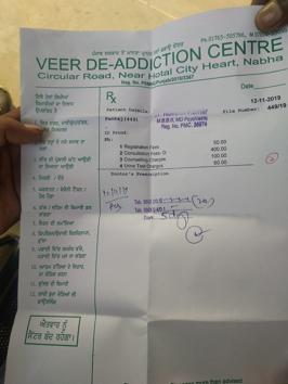 The prescription from a private de-addiction centre in Nabha, detailing the charges being levied under new heads. (Ht photo) The prescription from a private de-addiction centre in Nabha, detailing the charges being levied under new heads. (Ht photo)