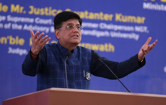 Union minister of railways and commerce Piyush Goyal at a conference on ‘Environmental Law: Challenges and Solutions’ in Mohali on Saturday.(HT photo) Union minister of railways and commerce Piyush Goyal at a conference on ‘Environmental Law: Challenges and Solutions’ in Mohali on Saturday.(HT photo)