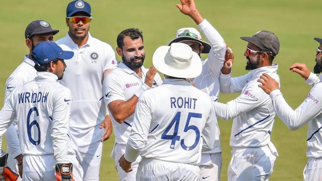 Indian bowler M Shami (C) celebrates the wicket of Bangladesh batsman Mahmudullah.(PTI)