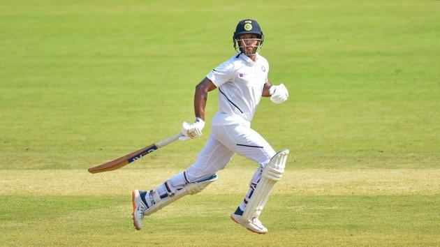 Indore: Indian batsman Mayank Agarwal runs between the wickets on the second day of the first cricket test match against Bangladesh, in Indore.(PTI)