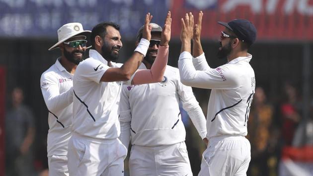 India's Mohammed Shami, second left, celebrates with teammates the dismissal of Bangladesh's Mohammad Mithun during the third day of first cricket test match between India and Bangladesh in Indore, India, Saturday, Nov. 16, 2019. (AP) India's Mohammed Shami, second left, celebrates with teammates the dismissal of Bangladesh's Mohammad Mithun during the third day of first cricket test match between India and Bangladesh in Indore, India, Saturday, Nov. 16, 2019. (AP)
