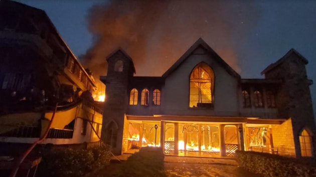 Fire engulfing the Church of Good building in Qualapatty area of Shillong on Sunday morning. (HT Photo) Fire engulfing the Church of Good building in Qualapatty area of Shillong on Sunday morning. (HT Photo)