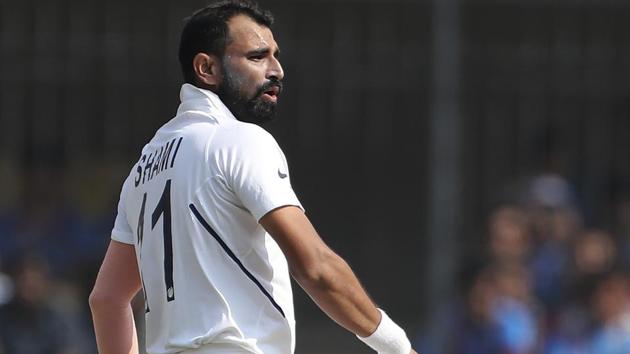 India's Mohammed Shami reacts after dismissing Bangladesh's captain Mominul Haque.(AP)