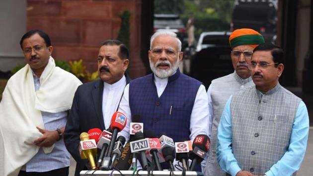 PM Modi speaks to the media ahead of the Parliament Session. (HT Photo/Md. Zakir) PM Modi speaks to the media ahead of the Parliament Session. (HT Photo/Md. Zakir)