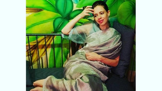 As Kalki captioned, she looks ready to bloom in this blue grey linen Zari sari and Ladakh blue kaftan blouse by designer Anavila Misra (Instagram) As Kalki captioned, she looks ready to bloom in this blue grey linen Zari sari and Ladakh blue kaftan blouse by designer Anavila Misra (Instagram)