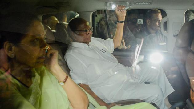 NCP president Sharad Pawar after meeting with core members of NCP at his residence Motibaug in Shivajinagar in Pune on Sunday. (Milind Saurkar/HT Photo) NCP president Sharad Pawar after meeting with core members of NCP at his residence Motibaug in Shivajinagar in Pune on Sunday. (Milind Saurkar/HT Photo)