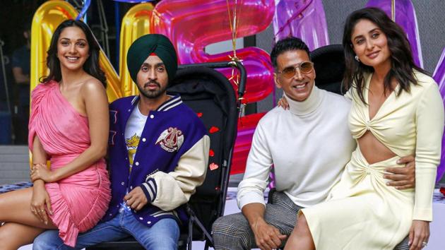 Kiara Advani, Diljit Dosanjh, Akshay Kumar and Kareena Kapoor during a promotion of their upcoming film Good Newwz.(PTI)