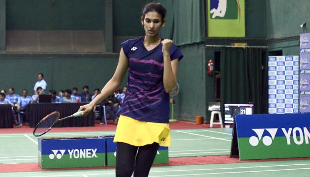 Ruthvika Gadde in action against Shruti Mundada in the women’s singles final of the Yonex Sunrise VV Natu All India Senior Ranking Badminton Tournament which was held at the Modern Sports Complex on Sunday. (Ravindra Joshi/HT PHOTO) Ruthvika Gadde in action against Shruti Mundada in the women’s singles final of the Yonex Sunrise VV Natu All India Senior Ranking Badminton Tournament which was held at the Modern Sports Complex on Sunday. (Ravindra Joshi/HT PHOTO)