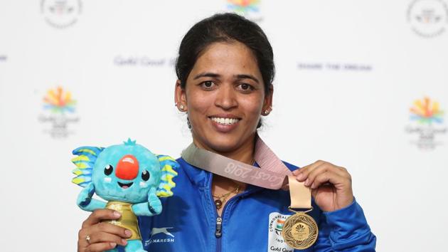 Tejaswini Sawant poses during the medal ceremony for the Women's 50m Rifle 3 Positions Final during the Gold Coast 2018 Commonwealth Games.(Getty Images)