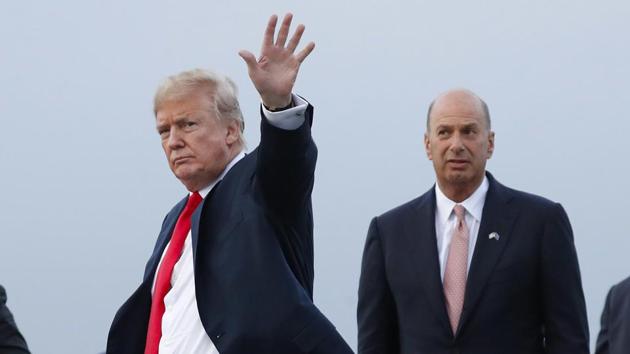 Sondland is expected to tell House lawmakers conducting an impeachment inquiry that he was merely repeating President Donald Trump’s reassurances when he told another envoy that there was no quid pro quo in the administration’s dealings with Ukraine. In this July 10, 2018, file photo, President Donald Trump is joined by Gordon Sondland, the U.S. ambassador to the European Union, second from right, as he arrives at Melsbroek Air Base, in Brussels, Belgium. (AP/) Sondland is expected to tell House lawmakers conducting an impeachment inquiry that he was merely repeating President Donald Trump’s reassurances when he told another envoy that there was no quid pro quo in the administration’s dealings with Ukraine. In this July 10, 2018, file photo, President Donald Trump is joined by Gordon Sondland, the U.S. ambassador to the European Union, second from right, as he arrives at Melsbroek Air Base, in Brussels, Belgium. (AP/)