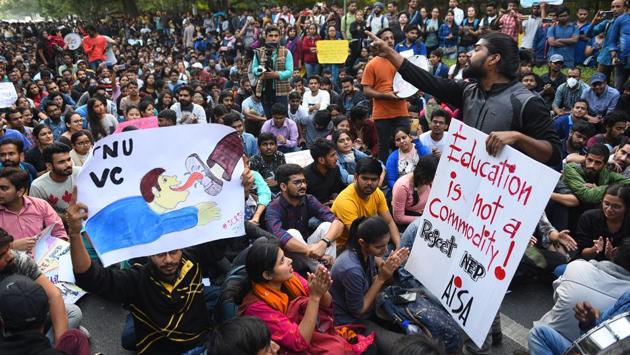 The Jawaharlal Nehru University Students Union (JNUSU) on Monday night shared a memorandum that it was supposed to submit to law makers in Parliament as an appeal from the varsity students. “The students of JNU cannot survive with the present structure of fees that are sought to be pushed down their throat. We urge you to consider our plight and endorse our demands,” the JNUSU appealed in the memorandum. (Sanchit Khanna / HT Photo)