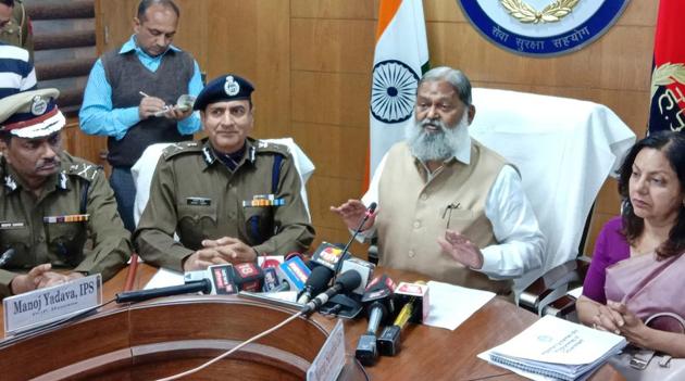 Home minister Anil Vij with senior police officers at police headqarters in Panchkula on Tuesday. (HT photo) Home minister Anil Vij with senior police officers at police headqarters in Panchkula on Tuesday. (HT photo)