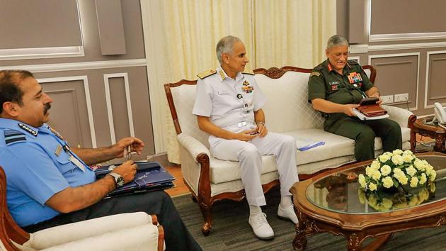 Chief of the Army Staff General Bipin Rawat, Chief of the Naval Staff Admiral Karambir Singh and Chief of the Air Staff Air Chief Marshal RKS Bhadauria.(PTI FILE)