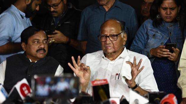 NCP leader Sharad Pawar speaks to media after a meeting with Sonia Gandhi at his residence, in New Delhi. (Vipin Kumar/HT PHOTO) NCP leader Sharad Pawar speaks to media after a meeting with Sonia Gandhi at his residence, in New Delhi. (Vipin Kumar/HT PHOTO)
