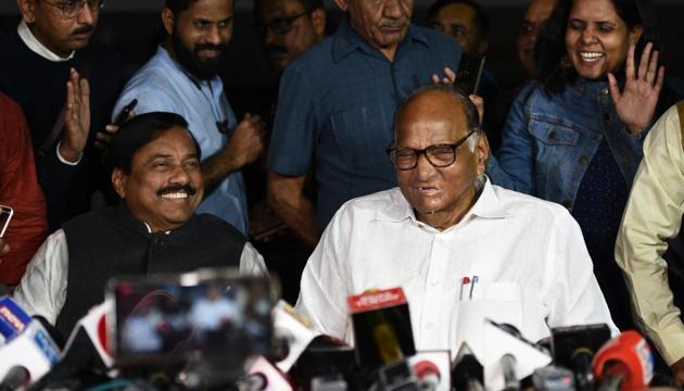 Sharad Pawar’s cryptic replies to mediapersons after his meeting with Gandhi indicate that the Maratha strongman is trying to keep his cards close to his chest to bargain more with the Sena or possibly ward off pressure from the BJP. (Vipin Kumar/HT FILE PHOTO) Sharad Pawar’s cryptic replies to mediapersons after his meeting with Gandhi indicate that the Maratha strongman is trying to keep his cards close to his chest to bargain more with the Sena or possibly ward off pressure from the BJP. (Vipin Kumar/HT FILE PHOTO)