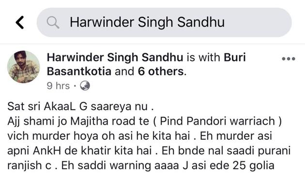 The grab of the Facbook post on gangster Harwinder’s account with another gangster Husandeep Singh. (HT PHOTO) The grab of the Facbook post on gangster Harwinder’s account with another gangster Husandeep Singh. (HT PHOTO)