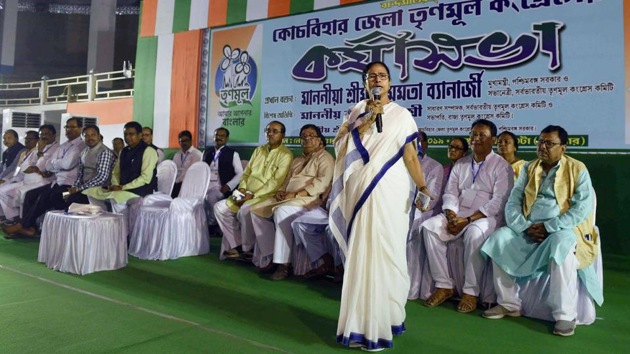 West Bengal Chief Minister and Trinamool Congress supremo Mamata Banerjee addresses party’s workers in Cooch Behar district of West Bengal on Monday. (PTI Photo) West Bengal Chief Minister and Trinamool Congress supremo Mamata Banerjee addresses party’s workers in Cooch Behar district of West Bengal on Monday. (PTI Photo)