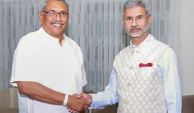 External Affairs Minister S Jaishankar shakes hands with Sri Lanka President Gotabhaya Rajapaksa during a meeting at Colombo on Tuesday. (PTI) External Affairs Minister S Jaishankar shakes hands with Sri Lanka President Gotabhaya Rajapaksa during a meeting at Colombo on Tuesday. (PTI)
