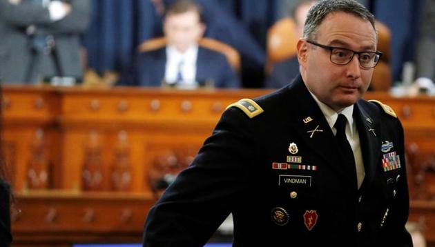 US National Security Council aide Lt. Col. Alexander Vindman, takes a break as he testifies before the House Intelligence Committee on Capitol Hill as part of the impeachment inquiry into US President Donald Trump, in Washington, US(Reuters)