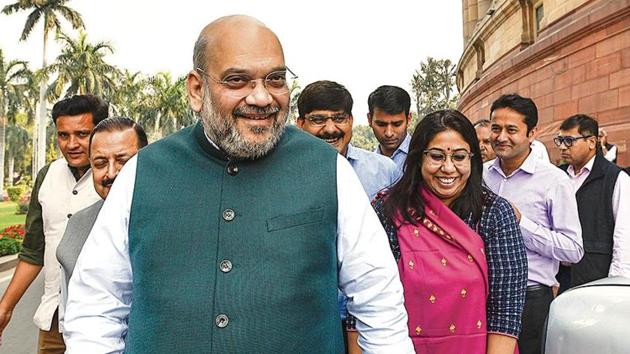 Union home minister Amit Shah at Parliament on Wednesday.(Burhaan Kinu/HT PHOTO)