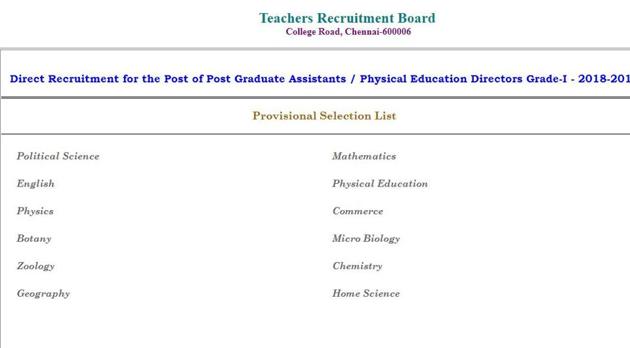 TN TRB selection list for PG assistant, physical education director released at trb.tn.nic.in. (Screengrab) TN TRB selection list for PG assistant, physical education director released at trb.tn.nic.in. (Screengrab)