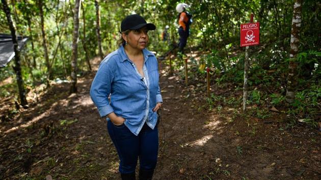 Angela Orrego, a former FARC-EP commander and now director of Humanicemos DH. They scan underneath shrubs for mines buried at the site for the purposes of their training course. They learn how to isolate the explosives by tagging them with cords and sticks painted red. Then, they gently remove them from the ground, which is currently sodden from the last tropical rainstorm. (Juan Barreto / AFP) Angela Orrego, a former FARC-EP commander and now director of Humanicemos DH. They scan underneath shrubs for mines buried at the site for the purposes of their training course. They learn how to isolate the explosives by tagging them with cords and sticks painted red. Then, they gently remove them from the ground, which is currently sodden from the last tropical rainstorm. (Juan Barreto / AFP)