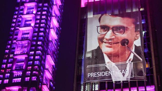 Kolkata: An illuminated building displays an image of BCCI President Sourav Ganguly.(PTI)