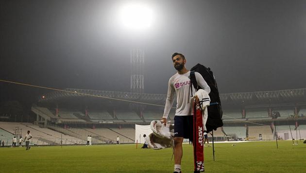 Indian skipper Virat Kohli during a practice session ahead of the 2nd test match between India and Bangladesh at Eden Gardens stadium in Kolkata on Wednesday.(ANI)