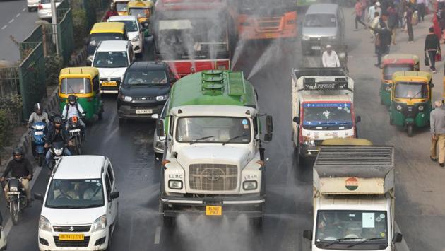 An East Delhi Municipal Corporation (EDMC) truck sprinkles water on the road to curb pollution, at Anand Vihar. The state of the EDMC is also particularly bad because of the cash crunch. A senior official said that even though eight new mechanical sweepers were bought by the corporation in September this year, they could not be used because there was no money to buy diesel. (Sanchit Khanna/ HT Photo) An East Delhi Municipal Corporation (EDMC) truck sprinkles water on the road to curb pollution, at Anand Vihar. The state of the EDMC is also particularly bad because of the cash crunch. A senior official said that even though eight new mechanical sweepers were bought by the corporation in September this year, they could not be used because there was no money to buy diesel. (Sanchit Khanna/ HT Photo)