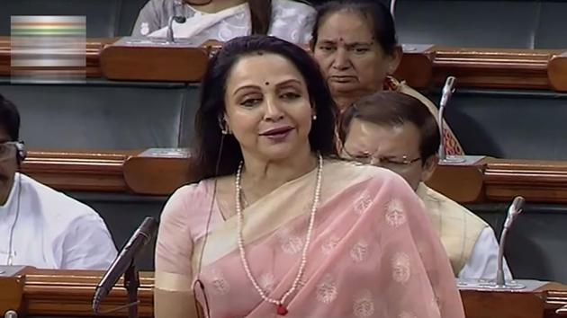 BJP MP Hema Malini speaks in the Lok Sabha during the Winter Session of Parliament in New Delhi on Thursday.(PTI)