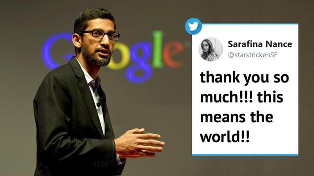 Google chief Sundar Pichai’s reply on Sarafina Nance’s tweet impressed many. (Twitter/@starstrickenSF) Google chief Sundar Pichai’s reply on Sarafina Nance’s tweet impressed many. (Twitter/@starstrickenSF)