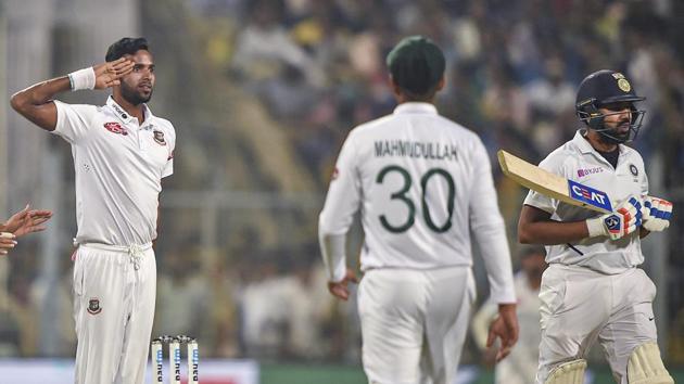 Bangladeshi bowler Md Al-Amin Hossain reacts (L) after dismissing Indian batsman Rohit Sharma. (PTI) Bangladeshi bowler Md Al-Amin Hossain reacts (L) after dismissing Indian batsman Rohit Sharma. (PTI)
